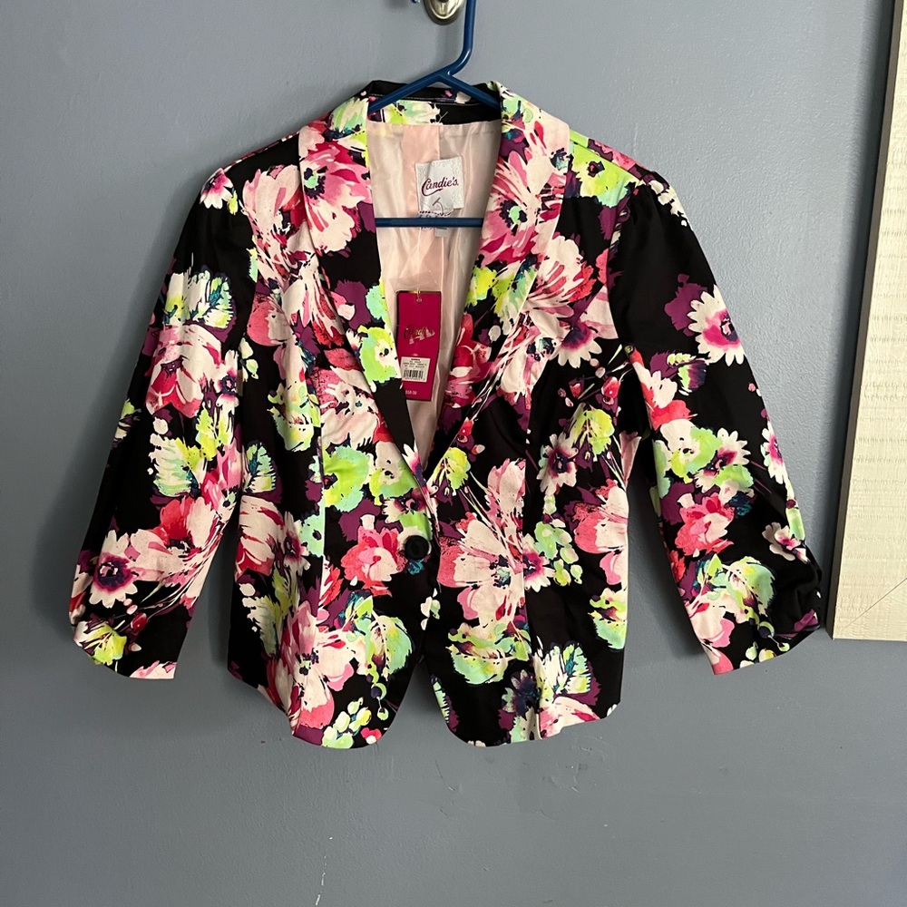 Candies M Black Floral Print One Button Blazer NWT